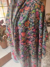 Black Kalamkari Print pashmina ~ FAMOUS DESIGNER ARTIST shawl Cashmere RARE ITEM