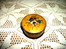 Antique French Folk Art Toleware Wood Trinket Box HP Mustard Floral Early 1900s