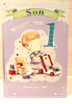 Karte zum 1. Geburtstag für einen Sohn + Kleinkind, Teddyblöcke vorne zum Aufschieben 1 Jahr alt