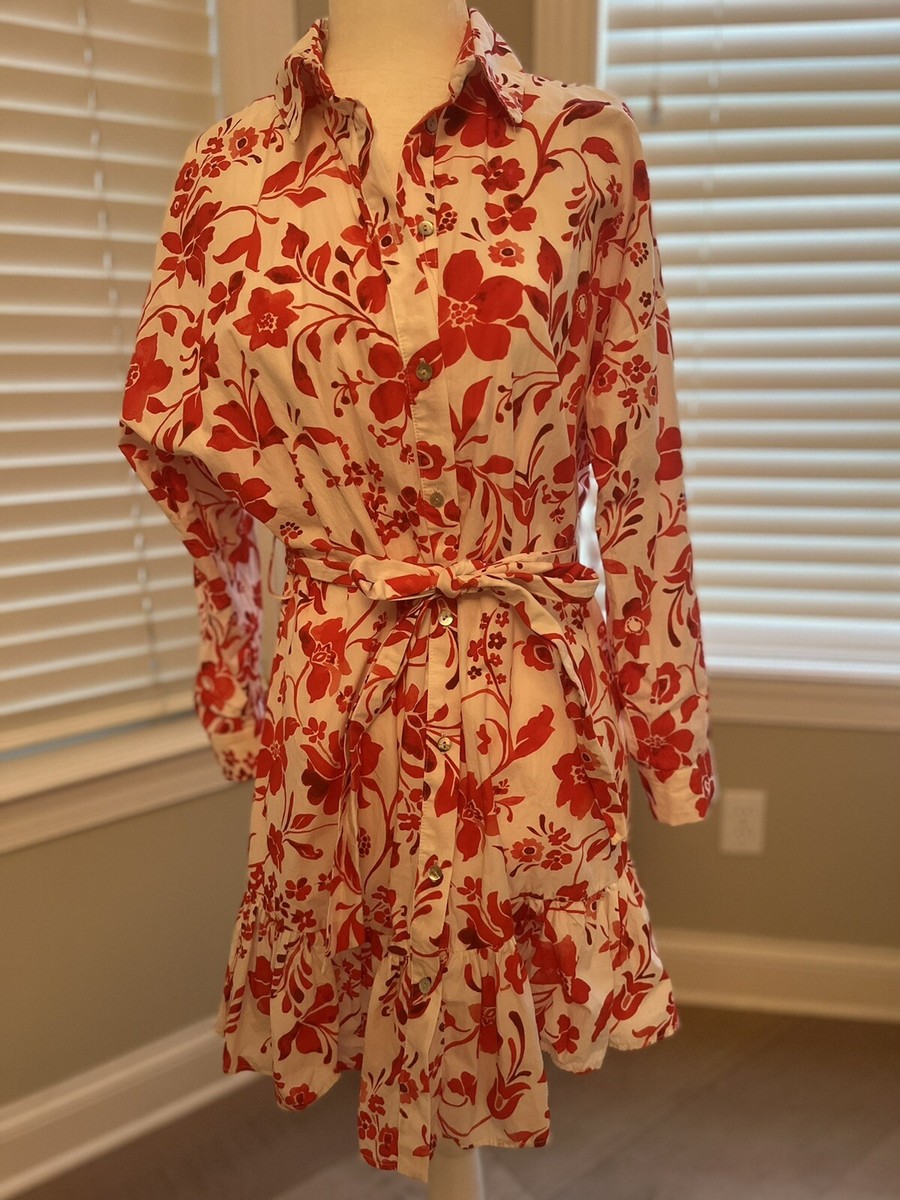 Zara floral shirt dress summer red white ties at waist