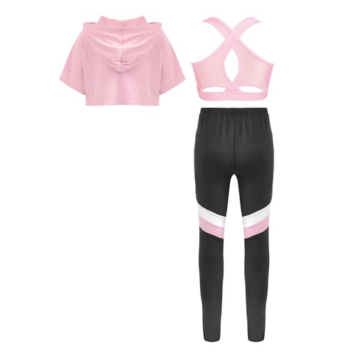 Kids Girls Pants Tumbling Hooded Crop Top 3 Pieces Vest Set Tracksuit Stage - Picture 40 of 45
