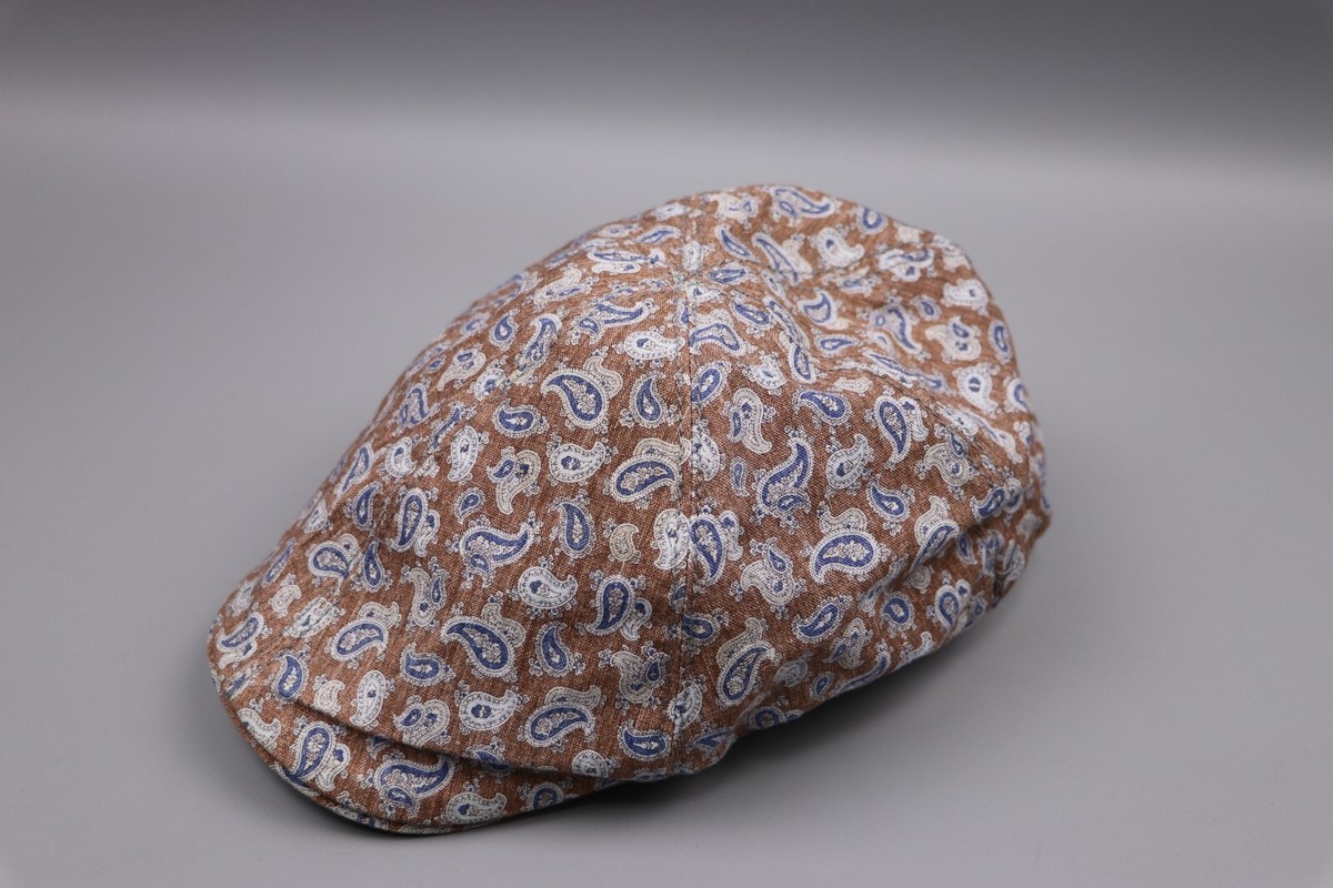 WIGENS Linen/Cotton Brown/Blue Paisley Newsboy Hat Flat Cap  display picture 2