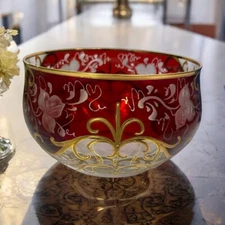 VTG Bohemian Czech Glass Candy Dish Hand Painted Ruby Red 22K Gold EKKA MCM Deco