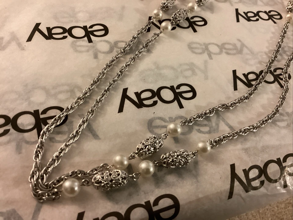 VINTAGE, Sarah Coventry Necklace Faux White Pearl Silver Tone 52” Chain - Image 3 of 4