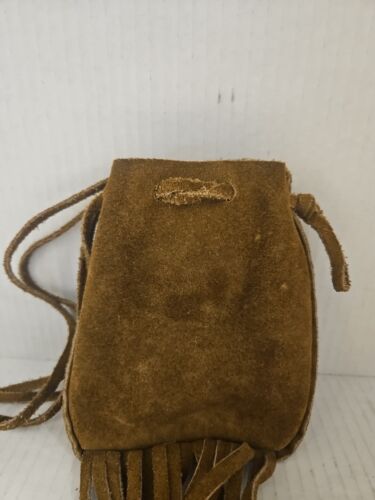 "Borsa a tracolla boho vintage hippie marrone pelle scamosciata con cordini con frange 6"" x 4"" - Foto 4 di 7