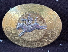 VTG Brass Belt Buckle Gold Design w/Bucking Bronco 3.5" x 2.5"