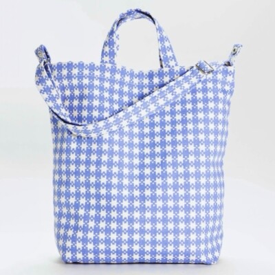 NEW! Baggu DUCK BAG in Blue Pixel Gingham Cotton Canvas Washable SOLD OUT / RARE