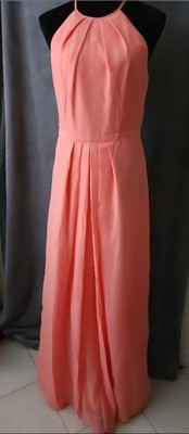 Dove & Dahlia Coral Peach Halter Maxi Dress Size 8   Pleated Bodice, Formal Gown