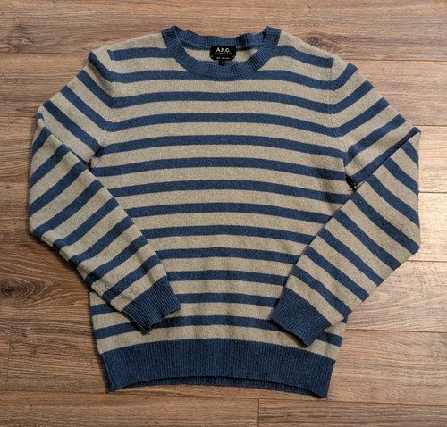 APC Rue Madame Paris 100% Wolle Pullover Herren grau blau gestreift Rundhals - S