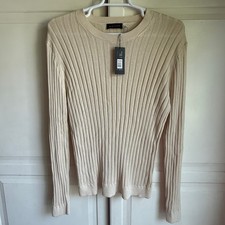 Elie Tahari Ivory Ribbed Knit Long Sleeve Crew Neck Sweater Mens Size M New