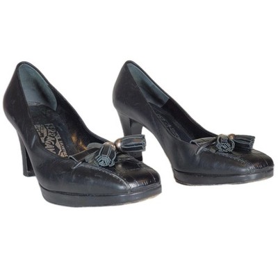 Salvatore Ferragamo Tabula Tasseled Platform Heels Black Leather Women US 6.5 B