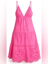 FARM Rio Neon Pink Embroidered Mini Dress Boho Resort Tropical Eyelet Sundress
