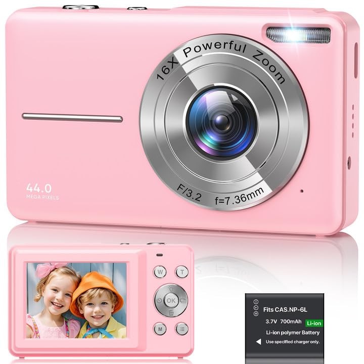 Digital Camera 1080P, 44MP FHD Compact Camera, 16X Zoom Pink
