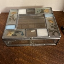 Vintage Stained Glass Dried Flowers Hinged Trinket Box
