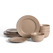 Hazel 12-Piece Stoneware Dinnerware Set, Plates and Bowls Set, Dishwasher and...