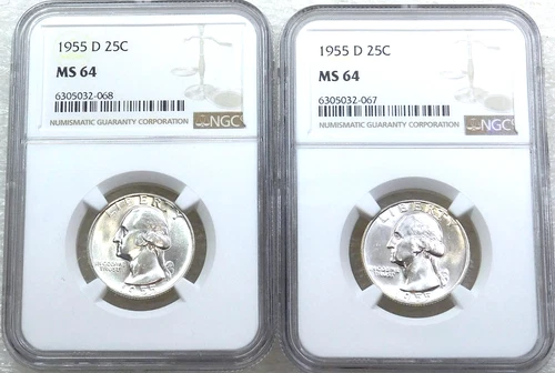 1955-D Washington Quarter NGC MS64 Frosty White New Holder lot of 2 coins #R304Q