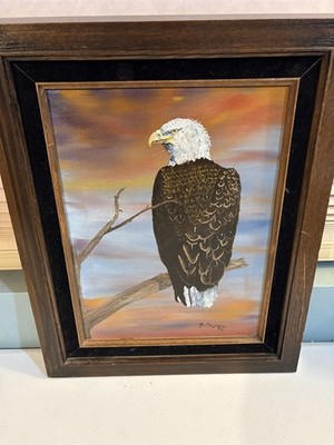 B. Olofsson folk art style oil painting of Bald Eagle, 1992, 9 x 12 inches