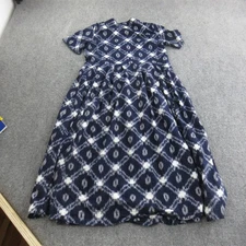 Toast Dress Womens Blue White Ikat Print Short Sleeve Midi Pleated Tie Neck Boho
