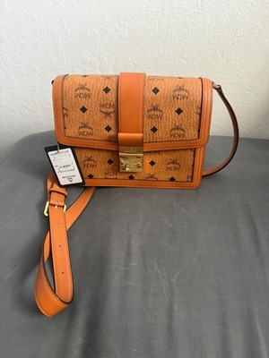 MCM Tracy Medium Leather Signature Visetos Shoulder Bag Cognac