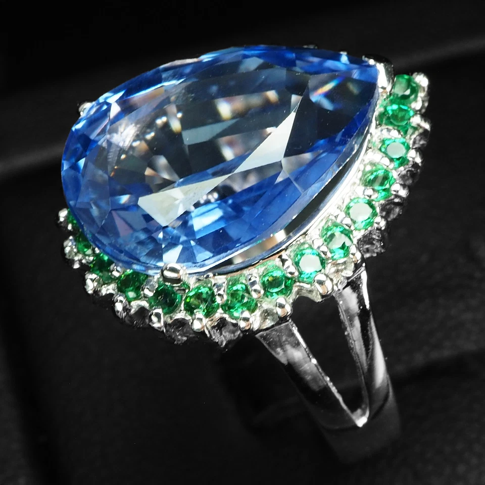 Кольцо из белого золота 925 пробы с заманчивым синим сапфиром и грушей 9,25 карата размер 5,75 - Изображение 4 из 4