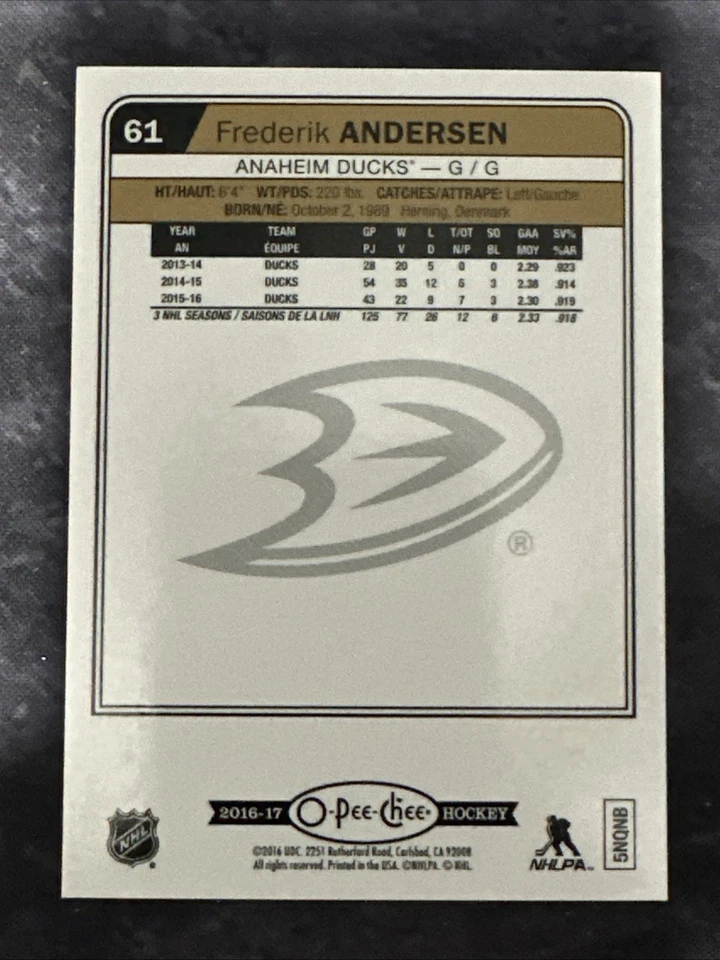 2016-17 O Pee Chee Rainbow Parallel 61 Frederik Andersen Anaheim Ducks - Image 2 of 2