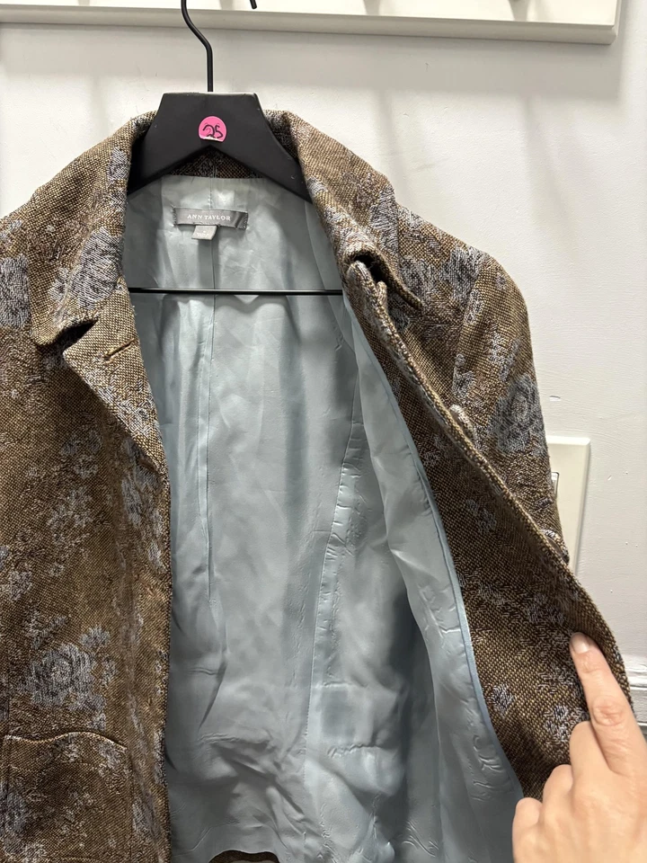 Ann Taylor Blazer женщин 0 коричневый синий цветочный парчи шерсти смесь с подкладкой кнопка - Изображение 3 из 4
