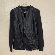 Etcetera Black Cashmere W/ Leather Zipper Front Sweater Size XS
