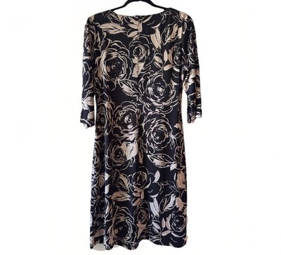 Connected Apparel Black Beige Floral Sheath Dress 20 Jersey V-Neck 3/4 Sleeve