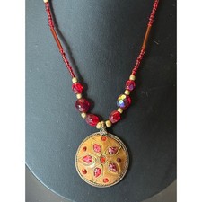 Boho Red Beaded Medallion Pendant Necklace Antique Brass Tone Floral 19 Inch