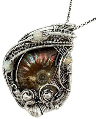 Opalized Ammonite Fossil Necklace: Sterling Silver Wire Wrap w Ethiopian Opals