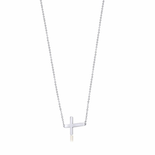14K Solid White Gold Sideways Cross Pendant Rolo Chain Necklace Set -Charm Women - Picture 2 of 4