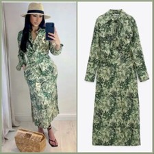 ZARA WRAP Style Green Forest Print PAREO Linen Blend Long DRESS