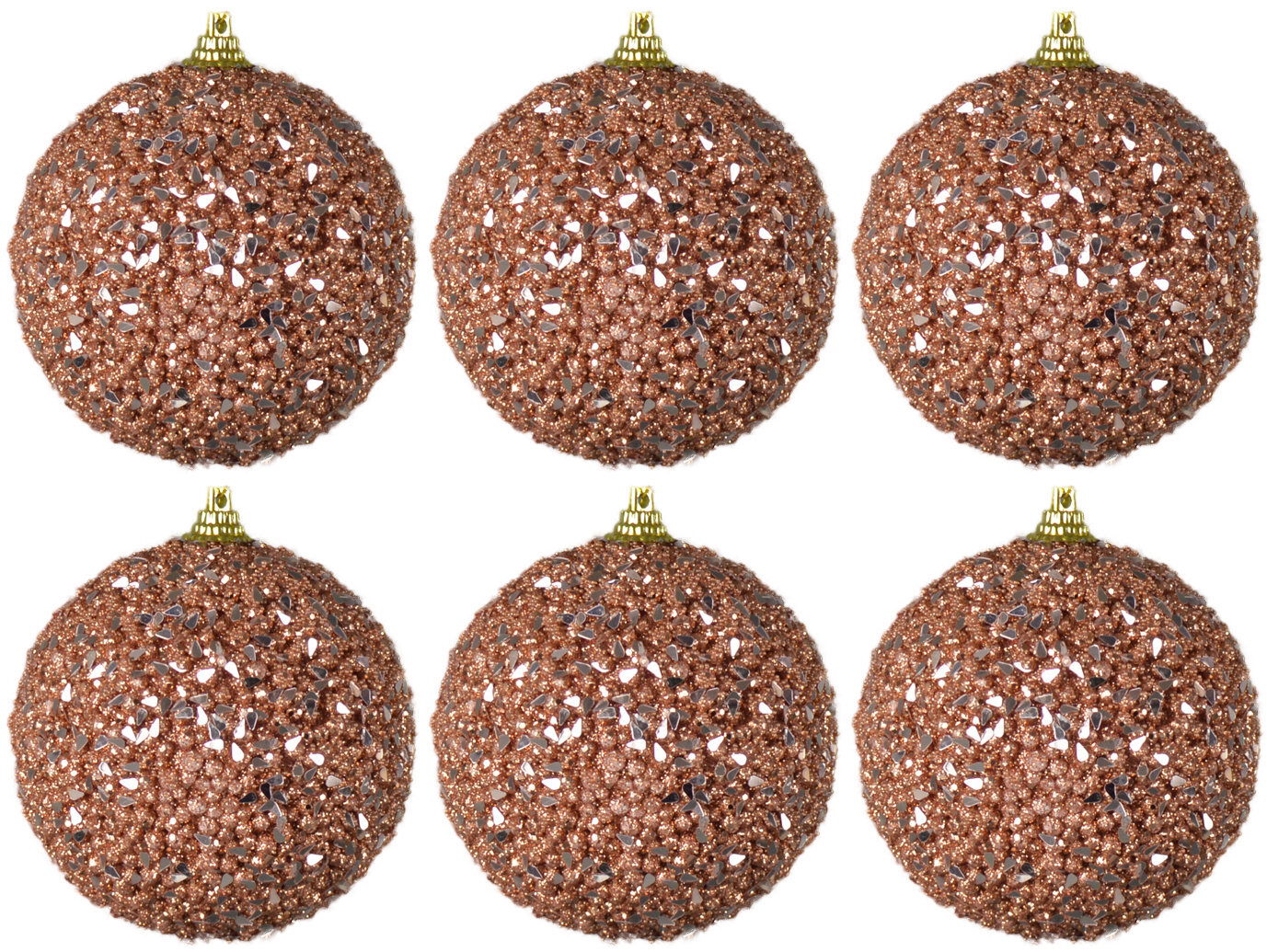 Rose Gold Christmas Baubles 8cm Tree Decorations - Textured Sequin - Set of 6