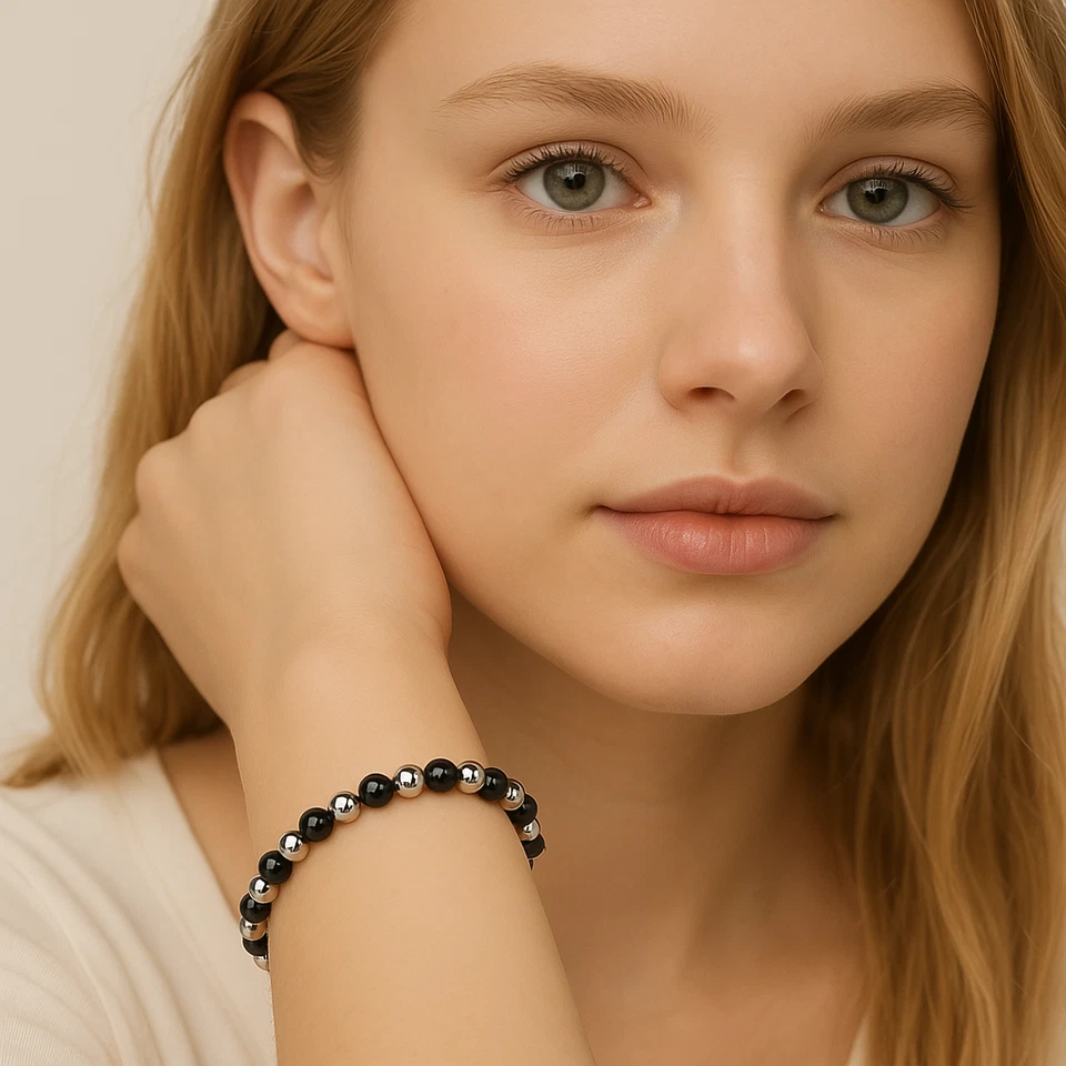 Bracciale con perle Nero 6mm Acciaio inox argento braccialetto Elastico da Uomo - Immagine 4 di 4