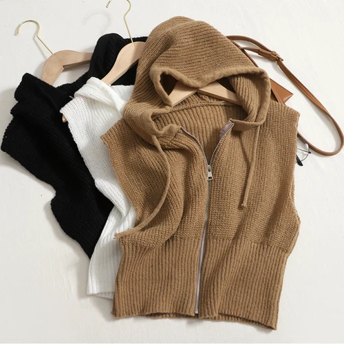 Women Knitted Waistcoat Gilet Zipper Crop Cardigan Hooded Vest Top Hooded Casual - Picture 4 of 19