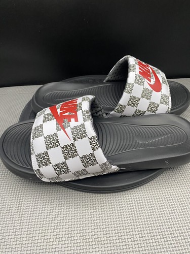 Nike Victori One Slide Mens Size 15 Black White Checkers Print Logo Slippers - Picture 10 of 14