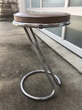 VTG Bar Stool Troy Sunshade Art Deco Z Stool Gilbert Rohde Style Chrome Vinyl