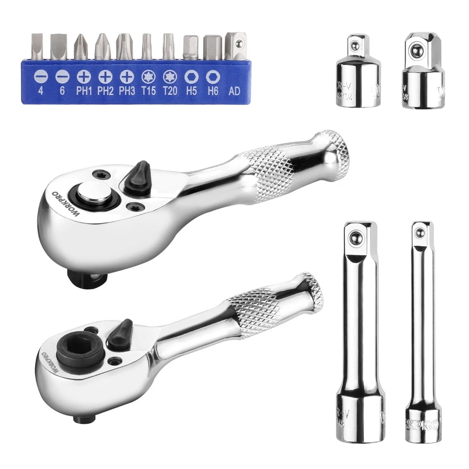 WORKPRO 16PC Stubby Ratchet Bit Driver Set 1/4" 3/8" Drive Ratchet Handle Wrench - Image 3 of 4