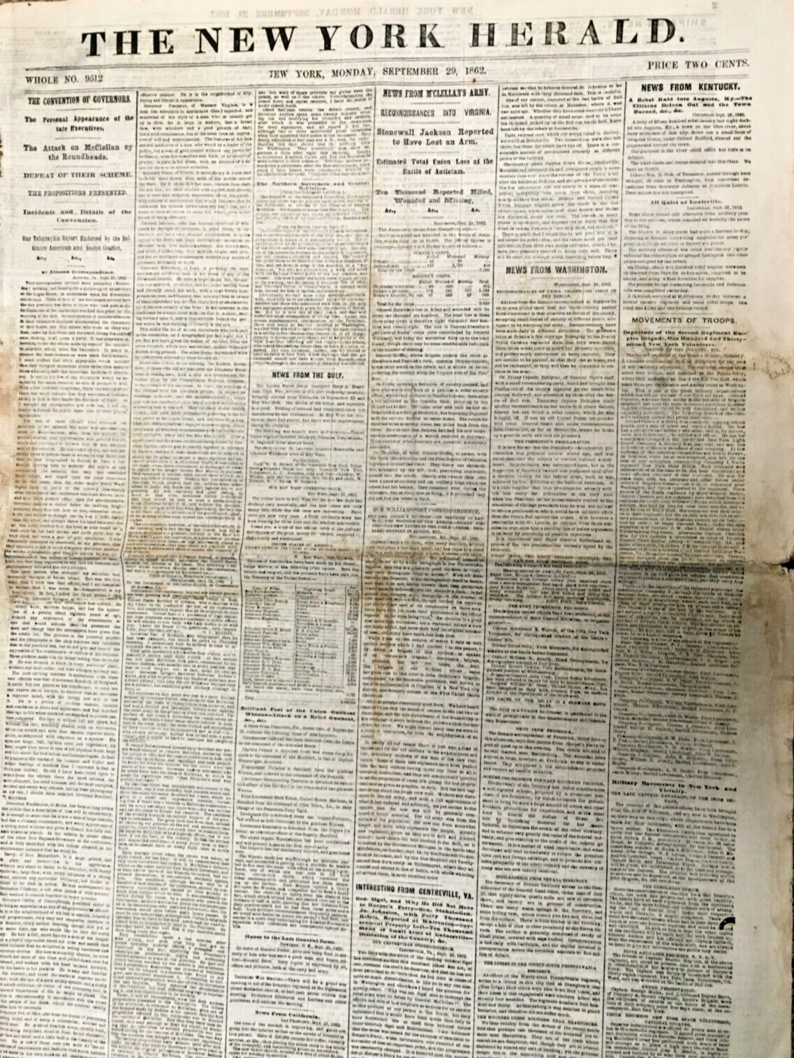 1862 Civil War New York Herald Newspaper dated Sept. 29, 1862