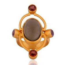 925 Sterling Silver Natural Smoky Garnet Amethyst Ring 18K Gold Plated Jewelry
