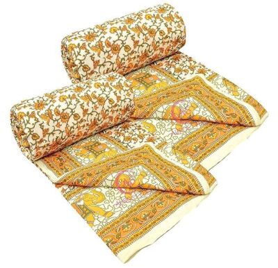 Indian Elephant Print Quilt, Handmade Organic Cotton Quilt,Twin Sizes [Set Of 2]