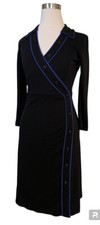 Isaac Mizrahi Black Blue Trim Stretch Button Faux Wrap Shirts Dress Sz XS