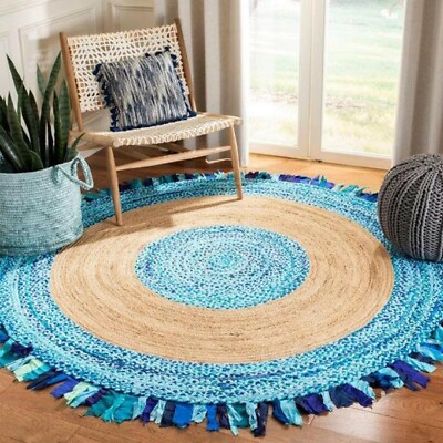 Rug Jute & Cotton Handmade Round Reversible Carpet Modern Rustic Look Area Rug