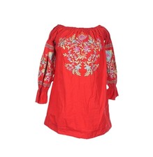Free People Womens Off shoulder Embroidered Dress Xs Red Floral Shift Mini