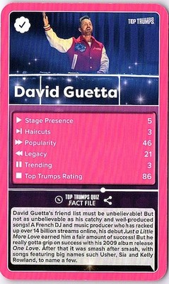 David Guetta 2024 Top Trumps Specials Pop Stars Trading Playing Card