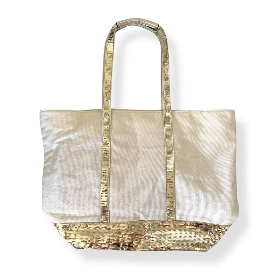 Bolsa tote Victoria's Secret branca metálica prata lantejoulas tamanho grande com zíper superior - Imagem 3 de 4