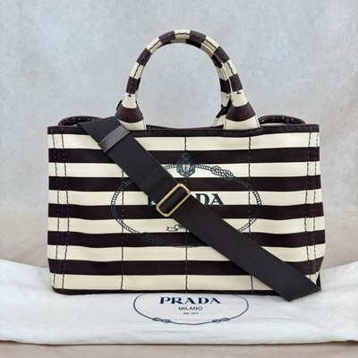Prada Canapa Tote Chocolate Brown Ivory Striped Canvas Bag w Strap & Dust Bags