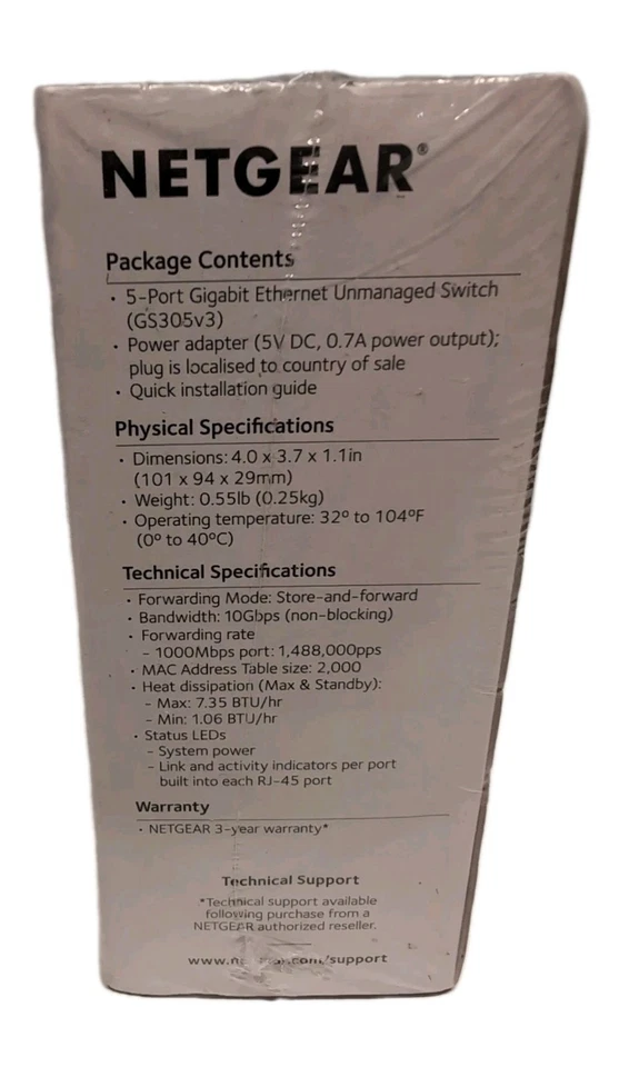 Netgear 5-Port Gigabit Ethernet Unmanaged Switch GS305v3 300 Series NEW IN BOX - Image 3 of 3