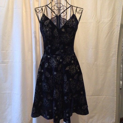 City Studio Navy Velvet Lace Floral Fit & Flare Dress Size 7 Zip Back