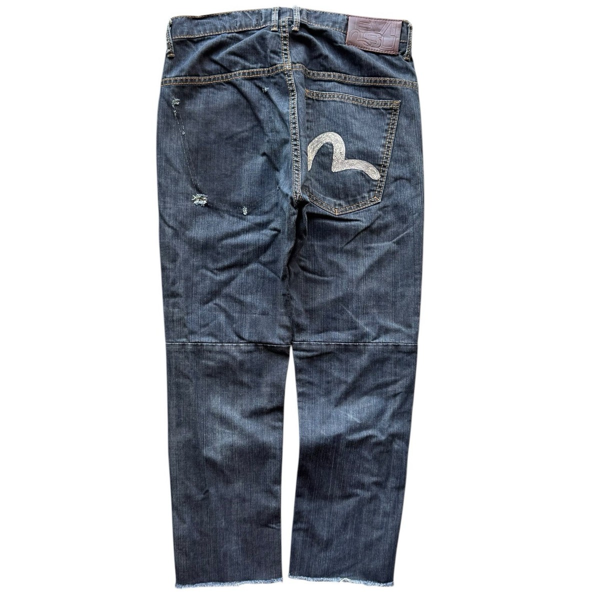EVISU Men's Straight Distressed Jeans Embroidered Logo Button Blue